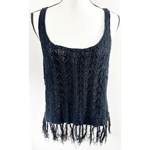 Garage Black Crochet Style Tank Top with Fringe Hem - M-L